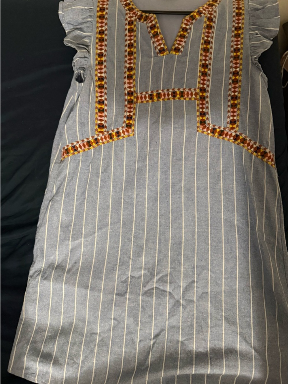 Adorable hobo dress Light Blue Striped Top with Multicolor Embroidered Neckline
